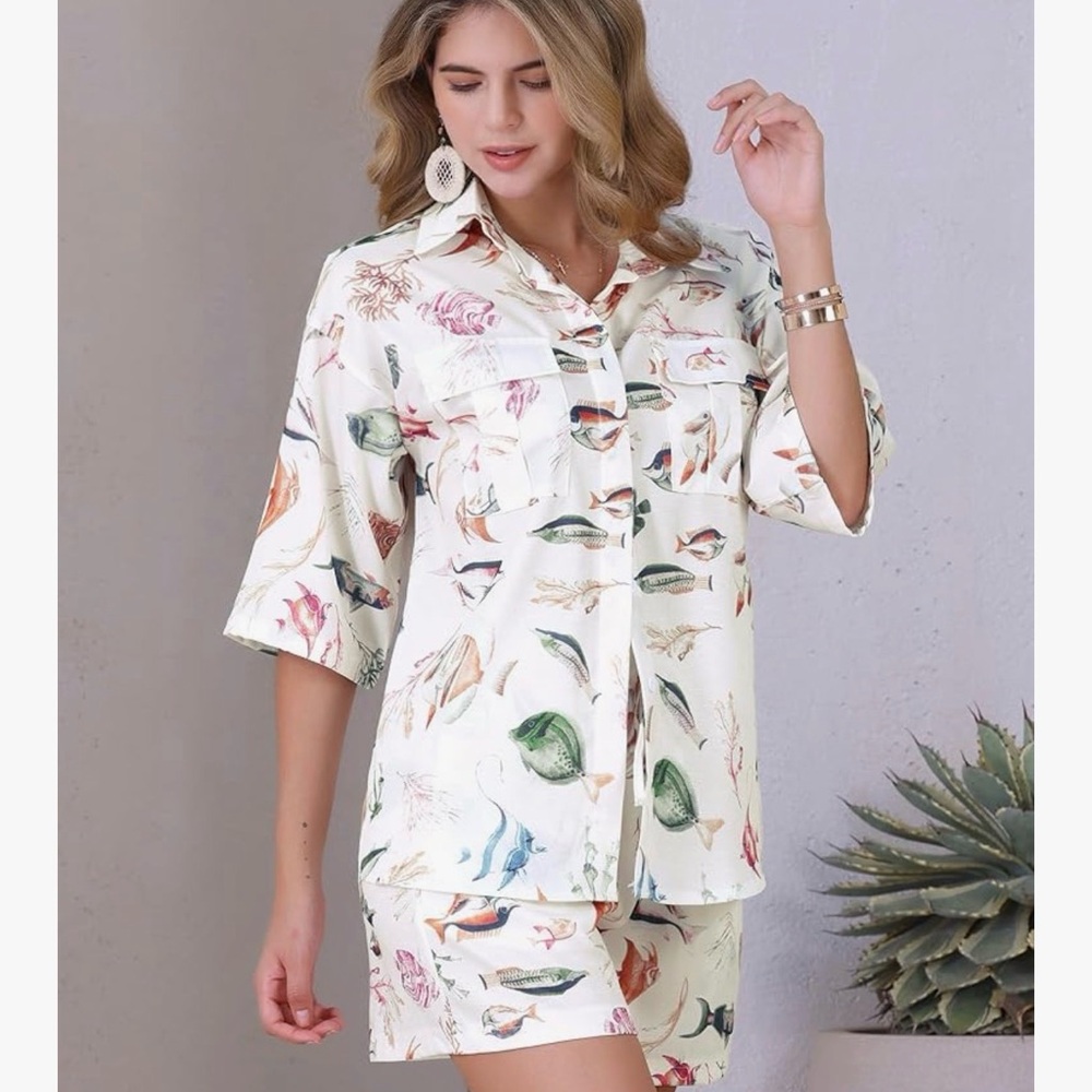 Allegra K Women's Summer 2 Piece Beach Outfits Printed Button Down Shirt & short